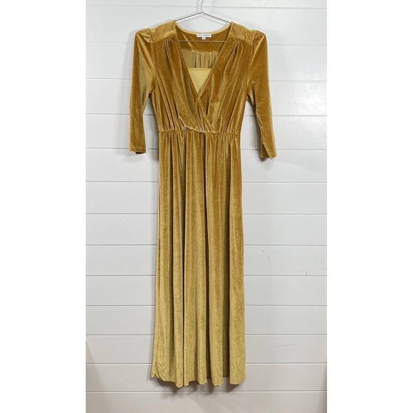 Baltic Born Dress Womens Medium Gold Velvet Maxi 3/4 Sleeve V Neck Elastic Wrap - Picture 1 of 9